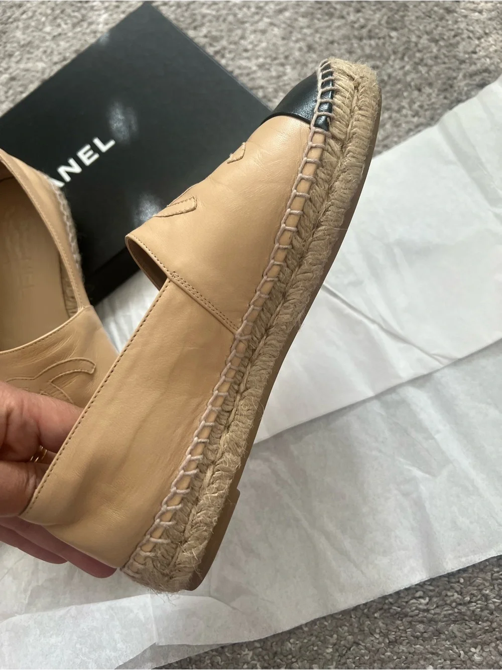 CHANEL Women's Beige and Black Leather Espadrille Flats